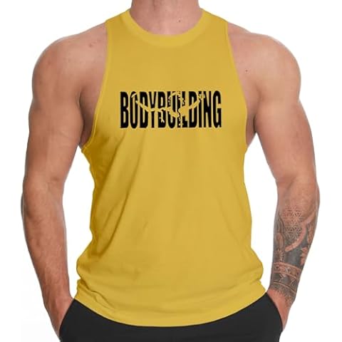 InleaderAesthetics Men's Gym Stringer Muscle Y-Back Tank Top Bodybuilding Pattern Fitness Vest Workout Shirt - Yellow-L Cover
