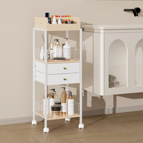 Makeup Organizer Cart Shelf Floor Skincare Organizers Make Up and Station Storage Cabinet For Vanity Standing Cosmetics With Drawers and Wheels For Nail Polish Perfume Hair Tool Holder Beauty(White) — view 4