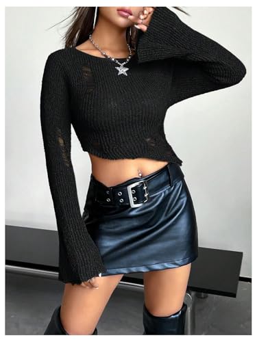 SOLY HUX Women's Y2k Goth Grunge Ripped Sweater Flare Long Sleeve Ribbed Fitted Crop Pullover Tops4