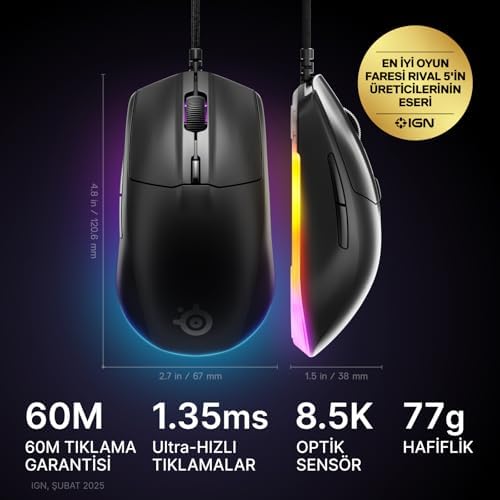 SteelSeries Rival 3 Gen 2 RGB Gaming Mouse - Siyah - Görsel 3
