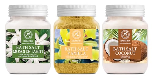 Sales de Baño Set 3 x 400 g con Aceite 100% Natural de Monoi de Tahiti - Vainilla - de Coco - Mejor para Buen Sueño - Alivio del Estrés - Baño - Cuidado Corporal - Bienestar - Relajación - Spa - imagen 2