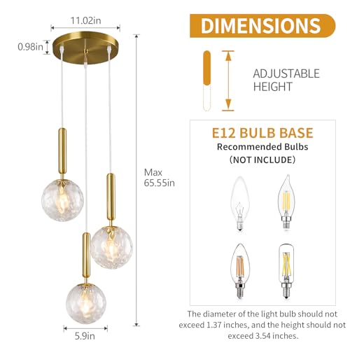 Image of Mid Century Globe Pendant Light with Clear Glass for Kitchen Island Modern Gold Finish Hanging Light Fixture Retro Round Pendant Lighting for Living Room Bedroom Entryway(3 Lights)