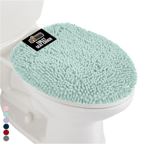 Image of GORILLA GRIP Soft Chenille Bathroom Toilet Lid Cover, Machine Washable Seat Covers, 19.5x18.5, Stays in Place Rubber Backing, Fits Most Round, Elongated and Oblong Lids, Accessories Decor, Seablue