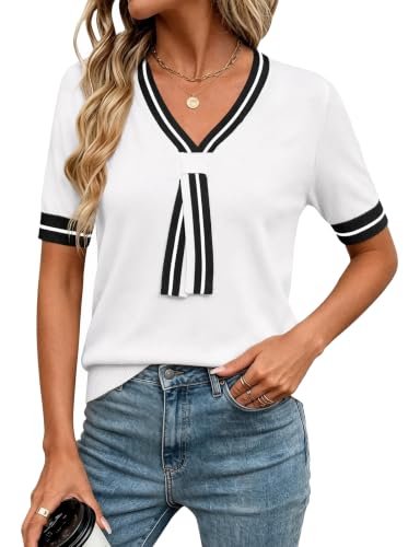 Image of Womens Knit Top Short Sleeve Sweater Work Summer Tops Cute Business Blouse | Lightweight Cute Bow Tie Sweater 2026 Chic V Neck Business Casual Outfits Tops