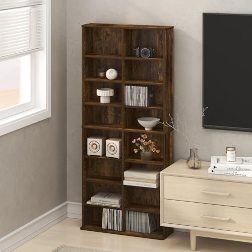Toki 16-Shelf DVD Storage, CD Rack, Media Shelf, Media Storage, with Adjustable Shelves, for Living Room, Rustic Amber
