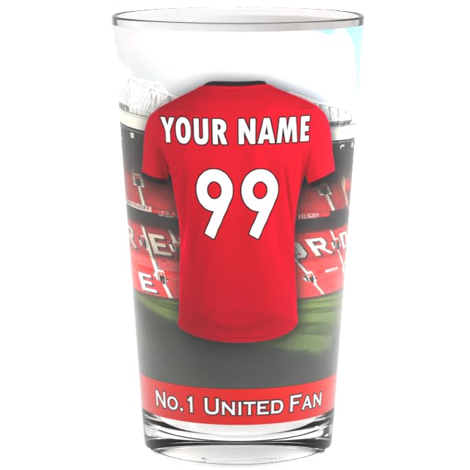 Man United Pint Glass Personalised with Name and Number Cider Ale Or Beer Glass