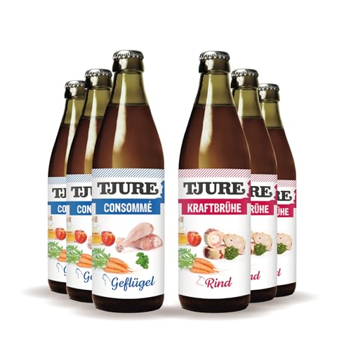 TJURE Kraftbrühe Testpaket 6 x 320ml | 3 x Rind | 3 x Geflügel | Premium Brühe für Hunde & Katzen | Ohne Zusatzstoffe | Getreidefrei | Hochwertige Zutaten aus regionaler Haltung | Made in Germany