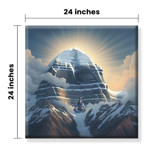 Image of EXSHA Mount Kailash with Meditating Lord Shiva Decorative Canvas Wall Painting|Sacred Himalayas Spiritual Art Print for Pooja Room, Yoga Studio, Living Room, Home Decor|Religious Paintings|24x24 Inch