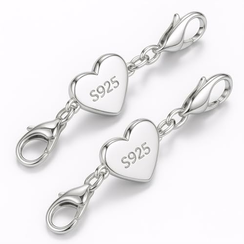 AEHTERIS 925 Sterling Silver Necklace Chain Extender with Heart Magnetic Clasp Strong Closure Bracelet Helper for Women (Silver 2pcs)