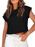 Summer Short Sleeve Crop Tops Womens Crewneck Roll Cap Sleeve T Shirts Loose Fit Basic Tees(Black,L)