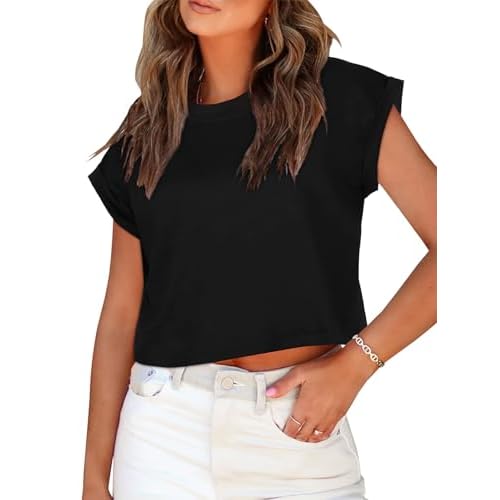Summer Short Sleeve Crop Tops Womens Crewneck Roll Cap Sleeve T Shirts Loose Fit Basic Tees 2026