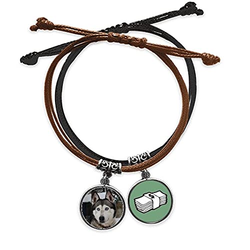 Pulsera de perro Husky con cuerda de mano y cadena de cuero marrón ajustable