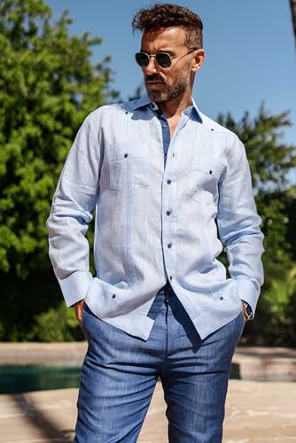 Mojito Men's 100% Linen Guayabera Chacabana Shirt Long Sleeve with Contrast Trim & Modern Pleats2
