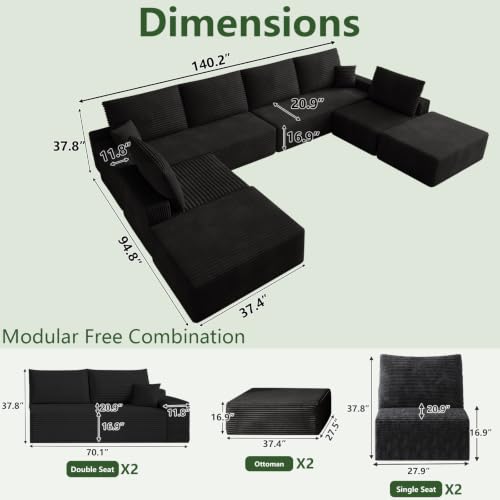 Image of Oversized Modular Sectional Sofa Couch, Large 8 Seater Corner Sofa Modern U Shaped Sectional Couch with Ottoman Cloud Couches for Living Room, Office, Spacious Space, Corduroy, No Assembly, Black