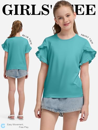 Girls Cute Ruffle Sleeve T-Shirt, Loose Fit Crewneck Summer Top for Kids 5-14 Years4