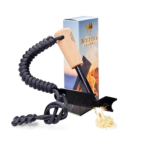 Feuerstarter-Set: 8, 10 oder 12 mm Dicke | Bis zu 15000 Zündungen | Feuerstahl Outdoor mit Paracord-Kienspan und Schaber | Feuerstein für Camping, Outdoor, Bushcraft (8 MM Normal)