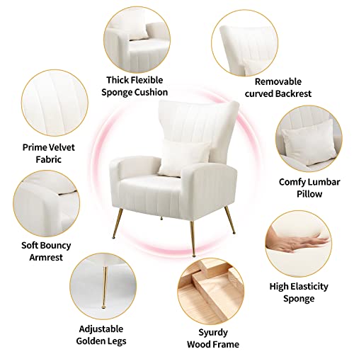 X-VOLSPORT-Velvet-Accent-Chairs-Set-of-2-Mid-Century-Modern-High-Back-Living-Room-Chair-with-Waist-Pillow-Upholstered-Arm-Chair-with-Metal-Gold-Legs-for-Bedroom-Club-White X VOLSPORT Velvet Accent Chairs Set of 2 Mid Century Modern High Back Living Room Chair with Waist Pillow Upholstered Arm Chair with Metal Gold Legs for Bedroom Club White