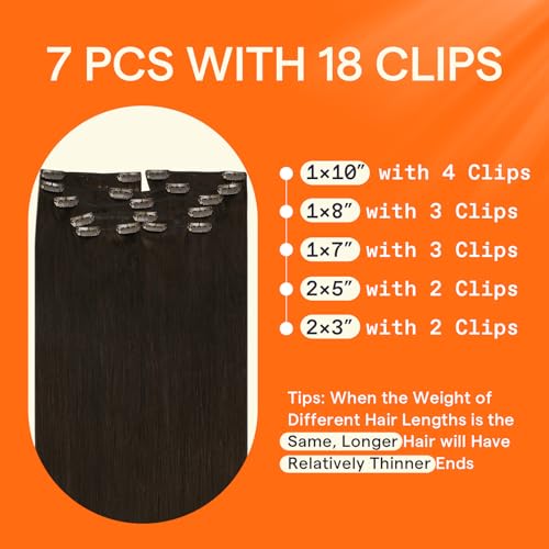 Image of Full Shine 26 Inch Dark Brown Clip in Human Hair Extensions | Soft Straight Brown Remy Human Hair Clip in Extensions for Long Hair, 7 Pcs 150g