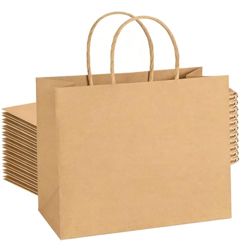 Weifeng 20 Bolsas de Papel Kraft con Asas 27x12x21cm Bolsa Regalo Marrones para Regalar Detalles en Cumpleaños, Bodas, Comuniones (130 g/m²,Tamaño Mediano)