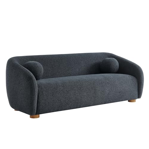 Image of Modway Holland 85 Inch Minimalist Curved Back Sofa in Navy - Chenille Fabric Sofa with Ball Throw Pillows and Wood Feet - Modern 3-Seater Couch for Living Room