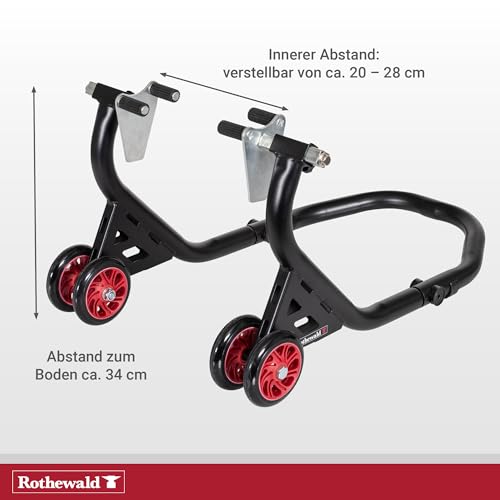 Rothewald Front-Motorradheber aus Stahl, Universal-Pinadapter, bis 300 kg, Hohe Stabilität & Standfestigkeit, Montageständer, mit Doppelrollen, Leichtes Aufbocken