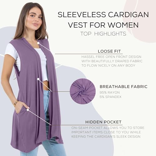 Image of Azules Sleeveless Long Cardigan for Women with Pockets - Lightweight Open Front, Flowy Dressy Layer for Work or Casual Wear