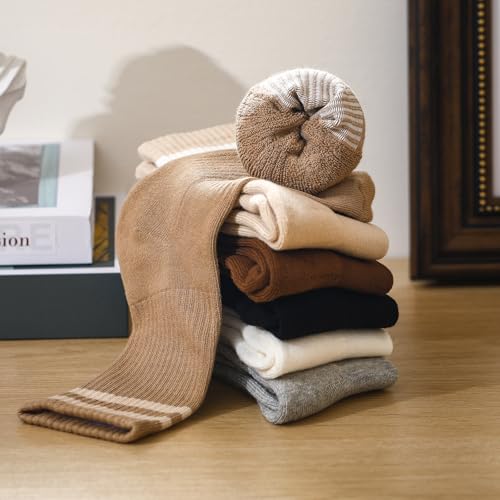 Newcotte 6 pares de meias de algodão femininas listradas marrom vintage meias atléticas tamanho 5-11