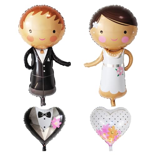 HDGSAFD Lot de 4 Ballons de Mariage en Aluminium, 2 Ballons d'Amour, Motifs de Mariée et Marié, Taille Unique, Noir, Blanc, Métallique, Occasion Classique, Mixte