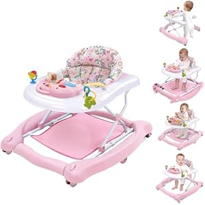 5 in 1 Foldable Baby Walker, Activity Baby Walker-Baby Bouncer, Rocker, Activity Center,Seat and Push Walker,Detachable Trampoline Mat, Adjustable Speed Rear Wheels and Height,Ages 6-18 Months(Pink)