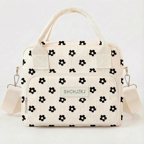 SHCHJZKJ Unisex Insulated Lunch Box, 10L Large Reusable Lunch Bag, Multi-Functional 4-Pocket Design with Adjustable Shoulder Strap, for Work, Outings, Picnics, Beach (Floral Corduroy)