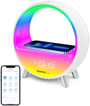 Momax Smart Sunrise Alarm Clock, Wireless Charging Smart Alarm, Wake up Clock with Snooze Mode, 9Light Mode, 7Natural Sounds, Bluetooth Speaker, App/Voice Controlled Sunset Alarm Clock Work with Alexa