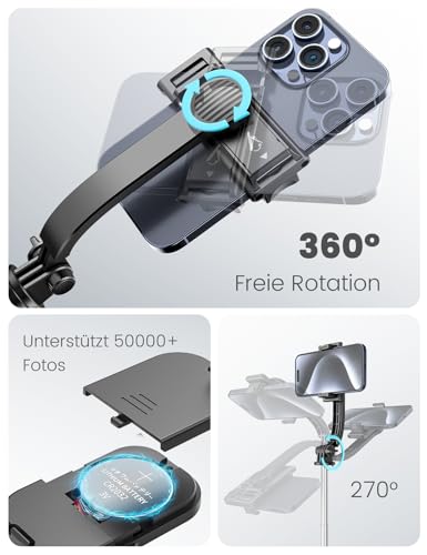 Selfie Stick mit Abnehmbarer Handyhalterung,106 cm Ausziehbares Handy Stativ mit Fernbedienung, 360° Drehbarer StativStänder für iPhone, Samsung und Android-Smartphones (Schwarz)