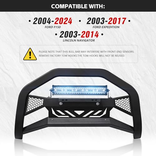 Image of YZONA Bull Bar with LED Light Bar & License Plate Frame Compatible with 2004-2024 Ford F150 F-150 & 2003-2017 Ford Expedition & 2003-2014 Lincoln Navigator, Front Brush Guard, Grill Guard, Bumper Push