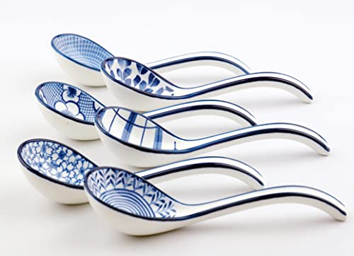 Asian Soup Spoon Set Of 6, Ceramic Chinese Soup Spoons Long Handle Ramen Spoons Soup Spoons For Ramen Pho Dumpling Wonton Noodles (6 Pattern - Blue Side) #TOP3
