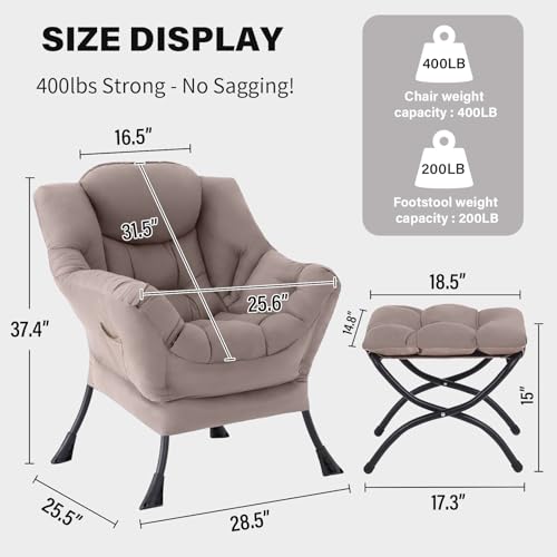 Image of Tiita Modern Large Accent Chair with Ottoman, Comfy Leisure Sofa Armchair with Footrest, Reading Chair for Bedroom, Living Room, Dorm Rooms, Khaki