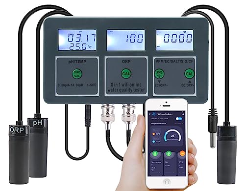 8 in 1 WiFi Smart Water Quality Tester - Monitor pH, EC, TDS, SALT, S.G, CF, ORP, Temperature for Aquariums, Pools, Hydroponics