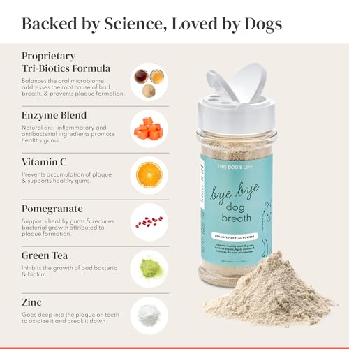 Dog Dental Powder – Vet Formulated - Cleans Teeth, Freshens Breath, Fights Plaque and Tartar – Natural Ingredients - 19 Active Ingredients - Oral Dog Probiotic - No Brushing - Made in USA