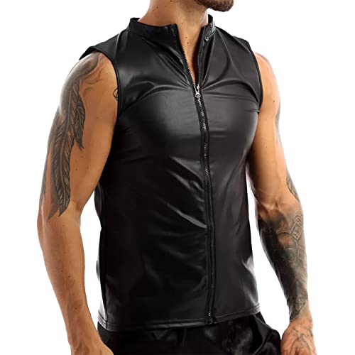 Camiseta para hombre, aspecto mojado, parte superior de piel sintética, camiseta de verano, parte superior de vinilo, parte superior de látex, brillante, para fiestas, exteriores, chaleco sin mangas,