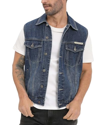 CoXuantion Chaleco de Jeans para Hombre Clásico Vintage Jeans Chaqueta de Moto Multibolsillos Denim Chaleco Casual Sin Mangas con Botones XXL,Azul