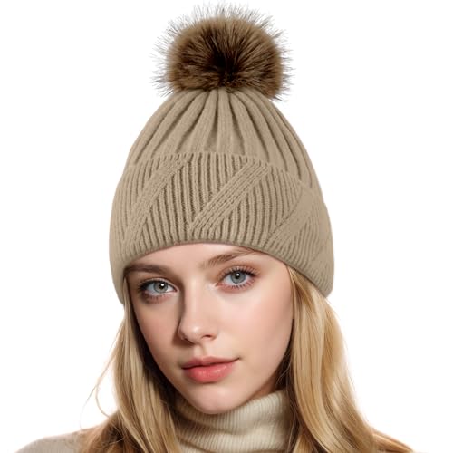 Image of NEOLA Winter Hats for Women - Fleece Lined Beanie Hat Ladies Soft Warm Knit Bobble Hat with Detachable Chunky Faux Fur Pom Pom for Outdoor Sports Ski UK