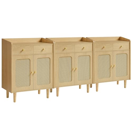 SONGMICS HOME BOHOVEN Collection - Buffet Cabinets, Set of 3, Sideboard Storage with Rattan-Like Doors and Drawers, Accent Cabinets, Adjustable Shelf, Boho Style, for Living Room, Oak Beige