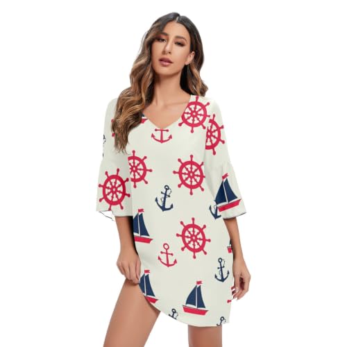 Robe décontractée en mousseline de soie beige motifs ancres nautiques et manches 3/4 pour l'été