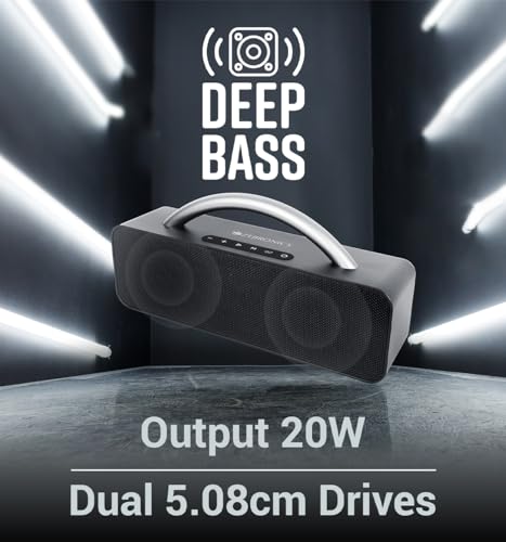 Image of Zebronics Rocket 200 Portable Wireless Speaker with 20W Bluetooth 5.1, FM, USB, AUX, Deep Bass,Media & TWS, Microphone Input, Karaoke,Dual 5.08cm Drives,Call Function(Black)