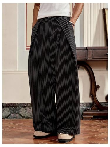 BEAUDRM Men\'s Wide Leg Baggy Pants Zipper Fly Pleated Dress Pants Casual Business Suit Trousers with Pockets Slacks for Men Black Striped X-Large - Thumbnail 2