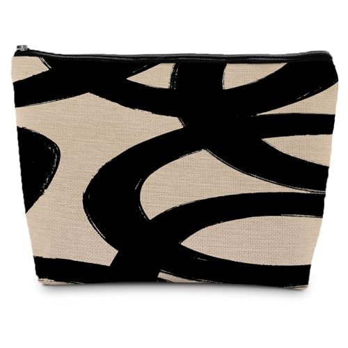 ignytiger Abstract Beige and Black Makeup Bag, Black and Beige Pouch for Women, Mid Century Modern Purse Pouch Bags