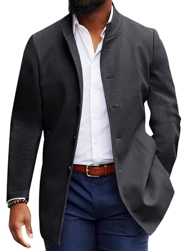 Makkrom Mens Casual Overcoat Winter Single Breasted Stand Collar Peacoat Business Warm Lapel Topcoat