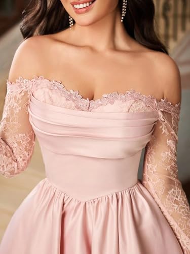 Lace Satin Homecoming Dresses Off Shoulder Long Sleeve Prom Dress Short Puffy A-Line Cocktail Party Dress4