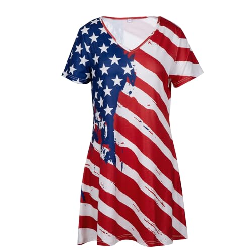 Image of LUKYCILD American Flag Dress Women 4th of July Patriotic Shirt USA Stars Stripes Dresses Sexy V- Neck Summer Sundress