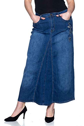 Women's Plus Size Mid Rise A-Line Long Jeans Maxi Denim Embroidered Skirt2