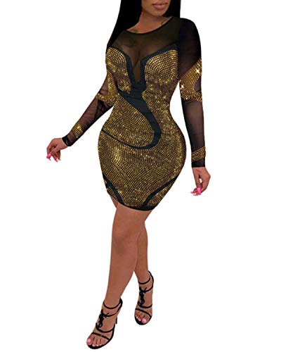 PORRCEY Women's Sexy Elegant Rhinestone Mesh See Through Dance Party Club Night Out Bodycon Mini Dress